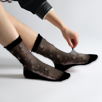 Obrázek z Průhledné ponožky s květy - černé 