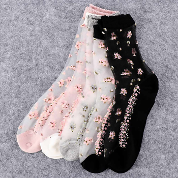 Obrázek z Průhledné ponožky s květy -  růžové 