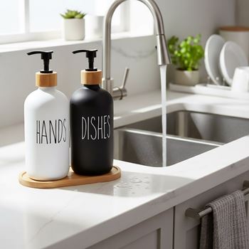 Obrázek z Sada dávkovačů s pumpičkou na mýdlo a jar na podnose 