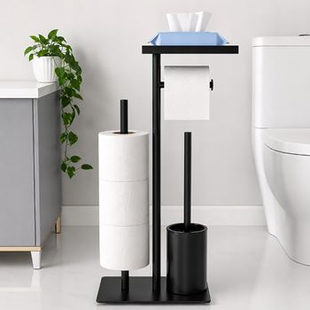 Obrázek z Kovový černý stojan na toaletní papír s WC štětkou 