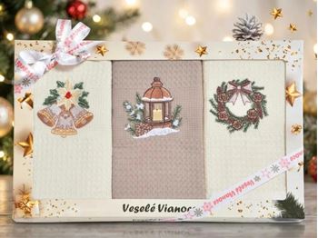 Obrázek Vánoční dárková sada utěrek - Zvonečky, lucerna a věneček, 3 ks
